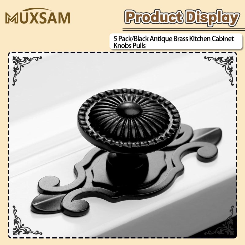 MUXSAM Kitchen Cabinet Knobs Pulls with Backplate, 2 in 1 Retro Round Metal Knob Pull Handle for Antique Dresser Drawer Cabinet Cupboard Wardrobe Door Room Hardware Decoration (5-Pack, Black) - Image 3